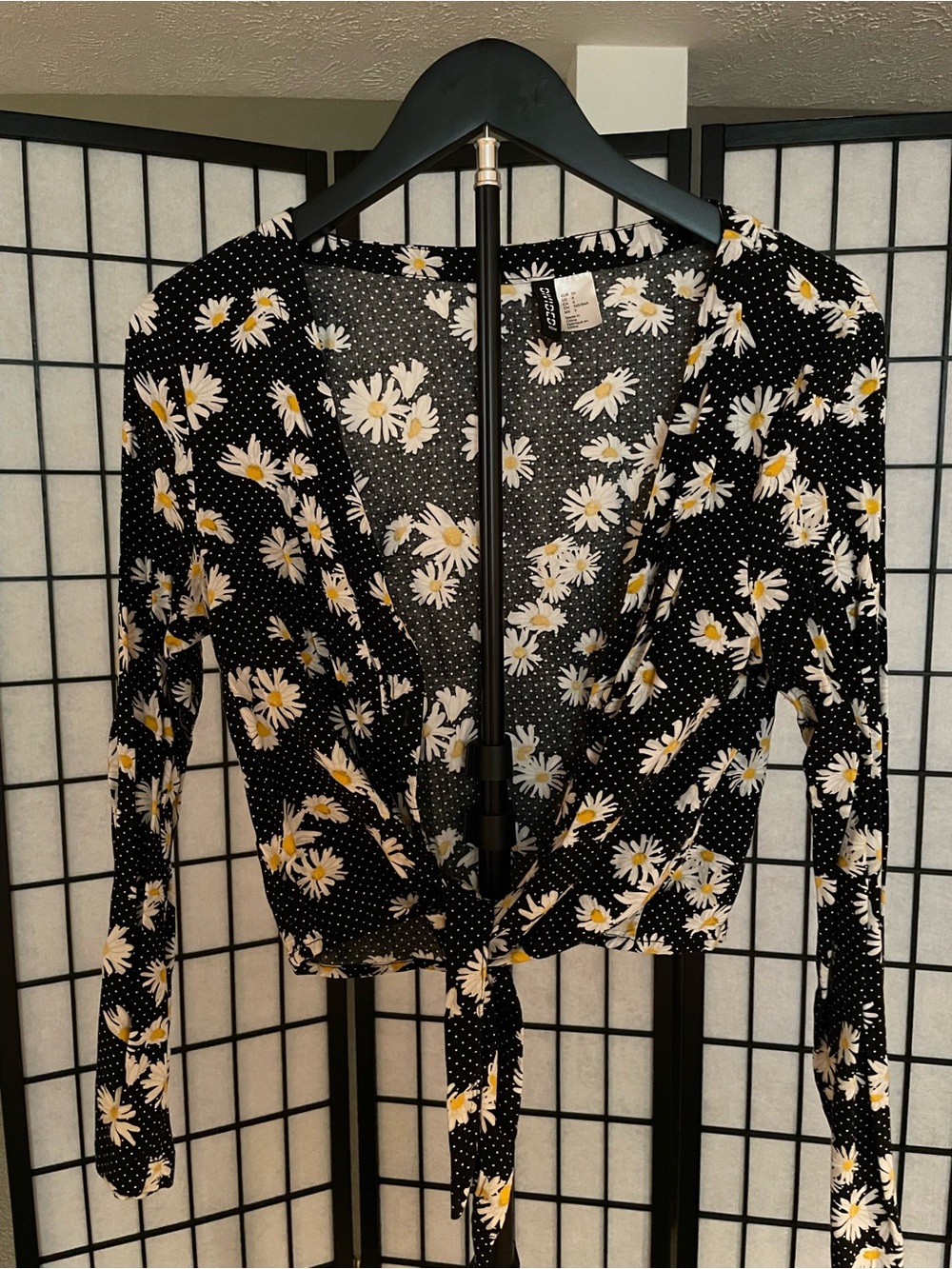 Divided Black Daisy-Print Tie-Front Blouse